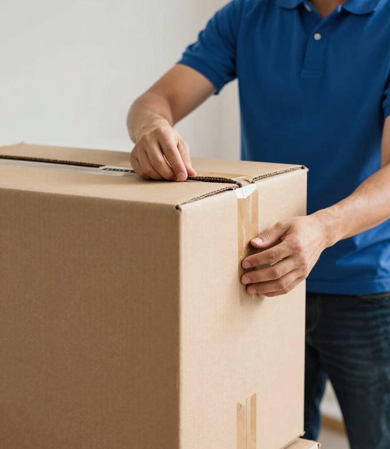A professional mover in a clean uniform carefully taping the edge of a heavy-duty cardboard box under bright daylight
