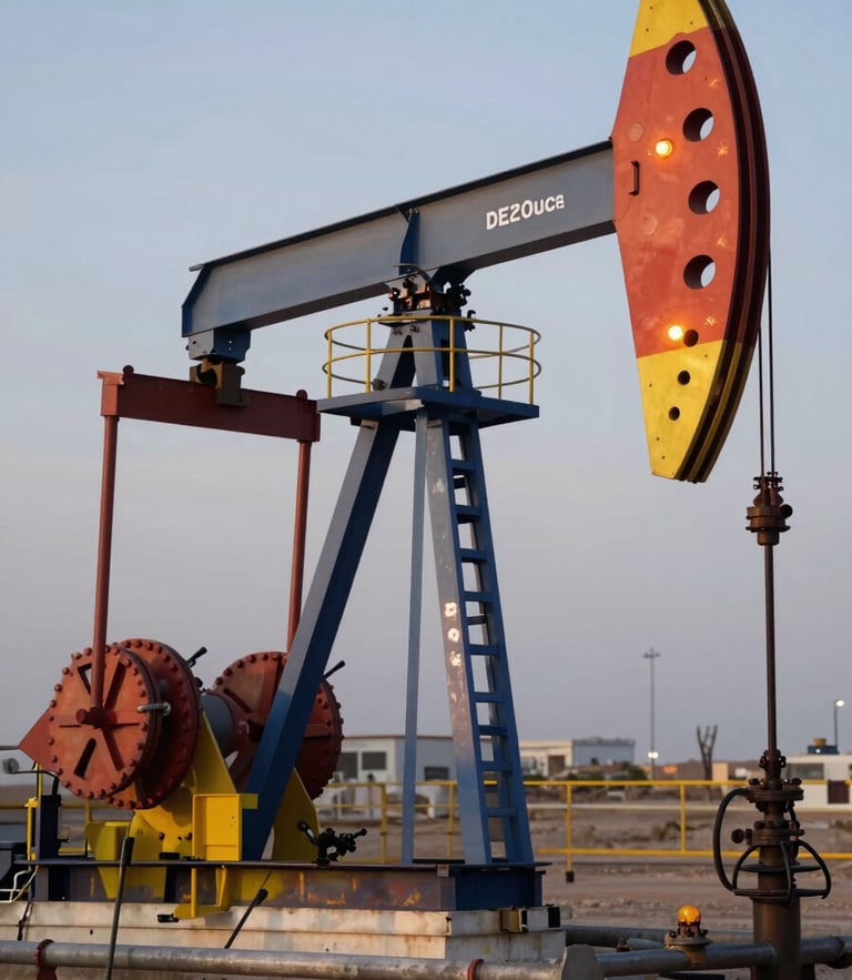 Sharp industrial photography of Algerian oil and gas surface installations at dusk, safety orange light reflecting on steel pipes, crisp focus.