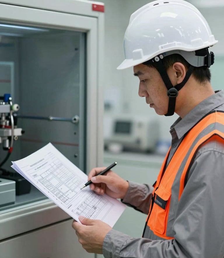 Sharp industrial photography of an engineer wearing safety helmet and high-visibility vest examining a technical schematic in a clean control room, natural daylight, crisp focus