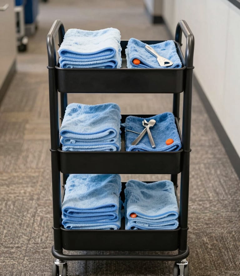 Straight-on eye-level view of an organized utility cart with clean microfiber cloths and tools standing on a freshly vacuumed commercial carpet, bright natural lighting.