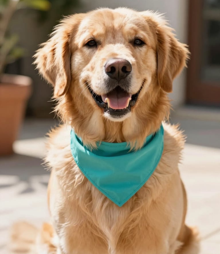 A cheerful golden retriever wearing a vibrant teal pet bandana, sitting in a sunlit patio, close-up, warm natural light, shallow depth of field