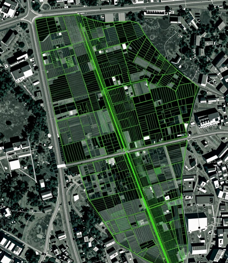 Top-down satellite GIS overlay of land parcels with sharp green vector boundary lines, cool-toned technical photography, high-contrast, 35mm
