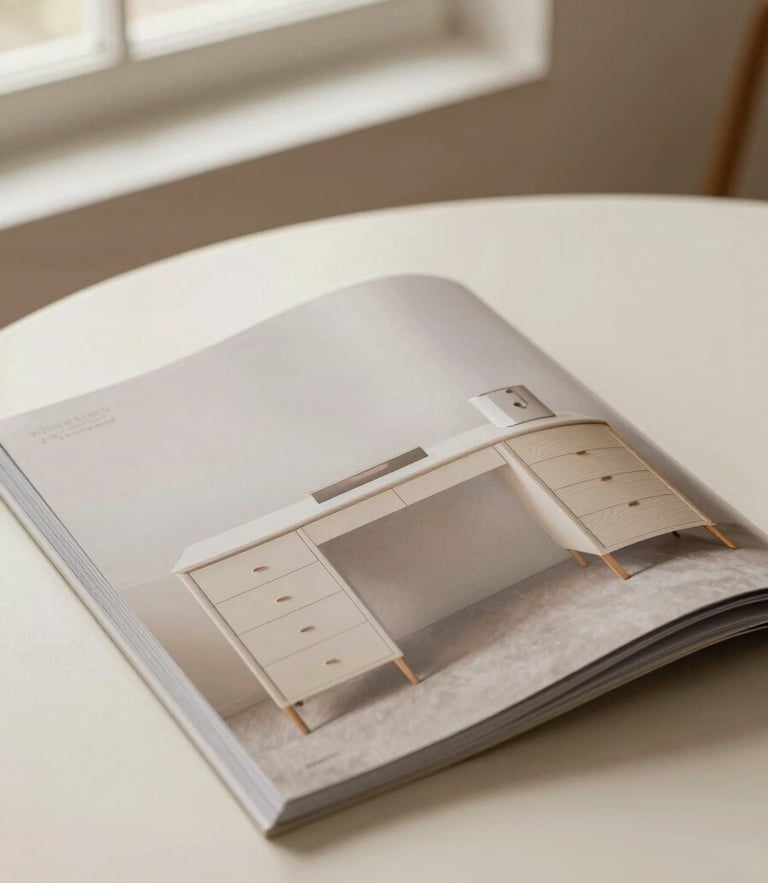 A beautifully styled catalog cover lying on a neutral cream table, soft natural window light, showcasing high-end minimalist vanity tables and writing desks, warm editorial product photography, 50mm lens