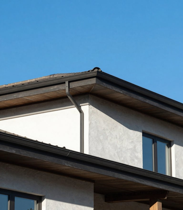 Crisp architectural photography of a modern residential roof against a vivid blue Utah sky, bright clear morning daylight, sharp structural details