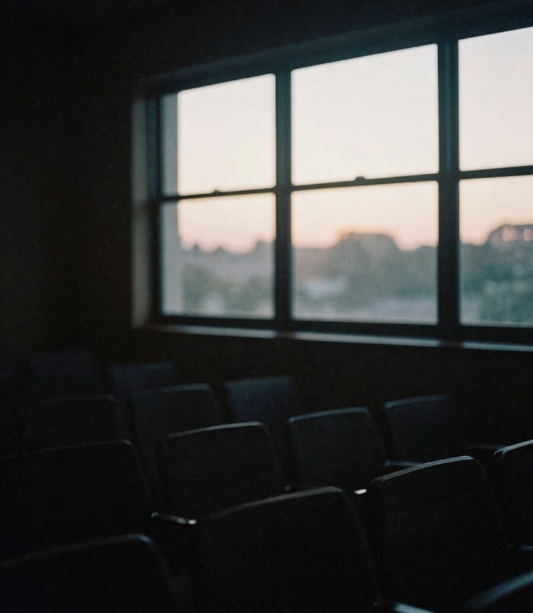 Moody film photography of empty recording space at twilight, soft window light filtering through dust motes, 35mm.