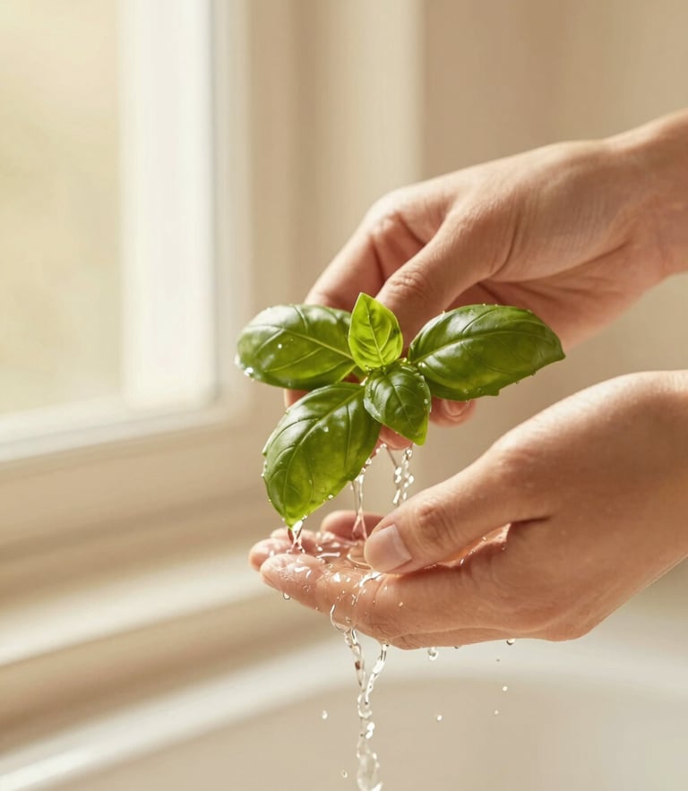 Close-up of hands pouring crystal-clear spring water over green basil leaves, warm morning window light, cream and pale gold tones, shallow depth of field, 35mm