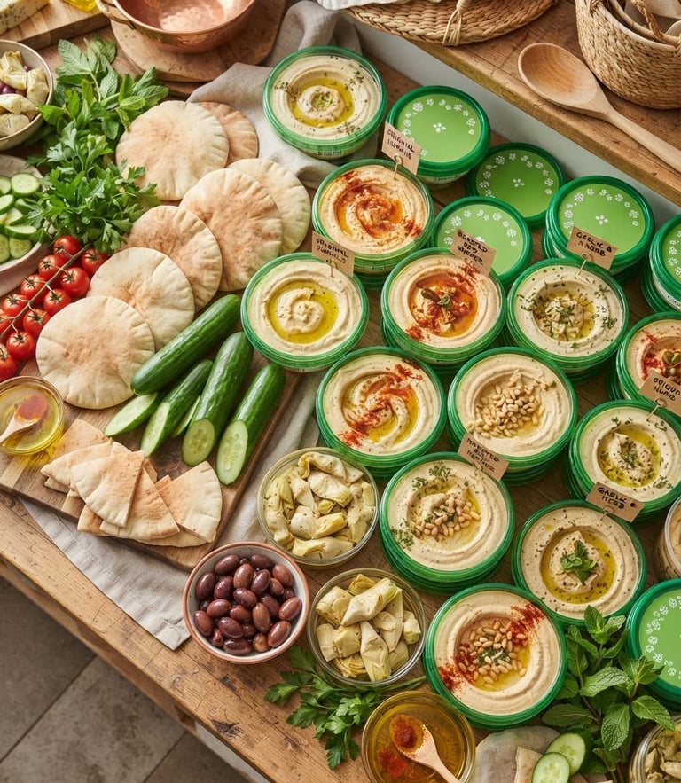 Overhead flat-lay of a vibrant Mediterranean deli counter, showcasing tubs of creamy hummus with signature green lids nestled next to fresh pita bread and crisp cucumbers under bright, natural Florida sunlight.