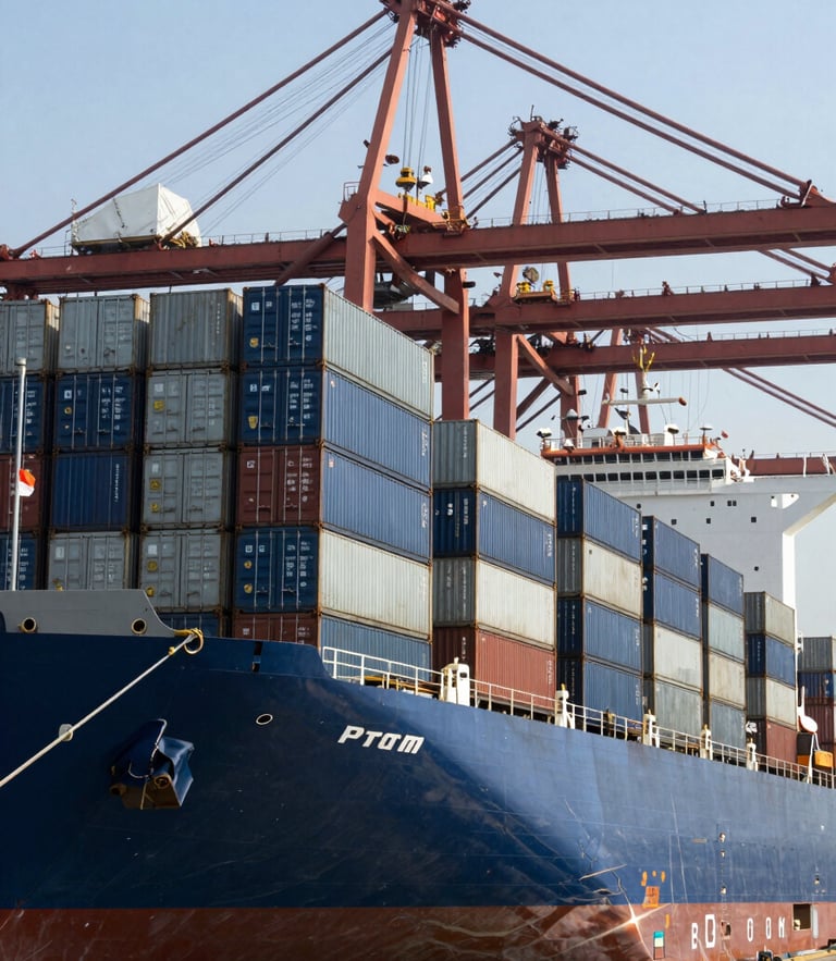 High-contrast industrial daylight shot of a massive container vessel docked at Mumbai harbor, stacks of blue and steel gray shipping containers, cranes overhead.
