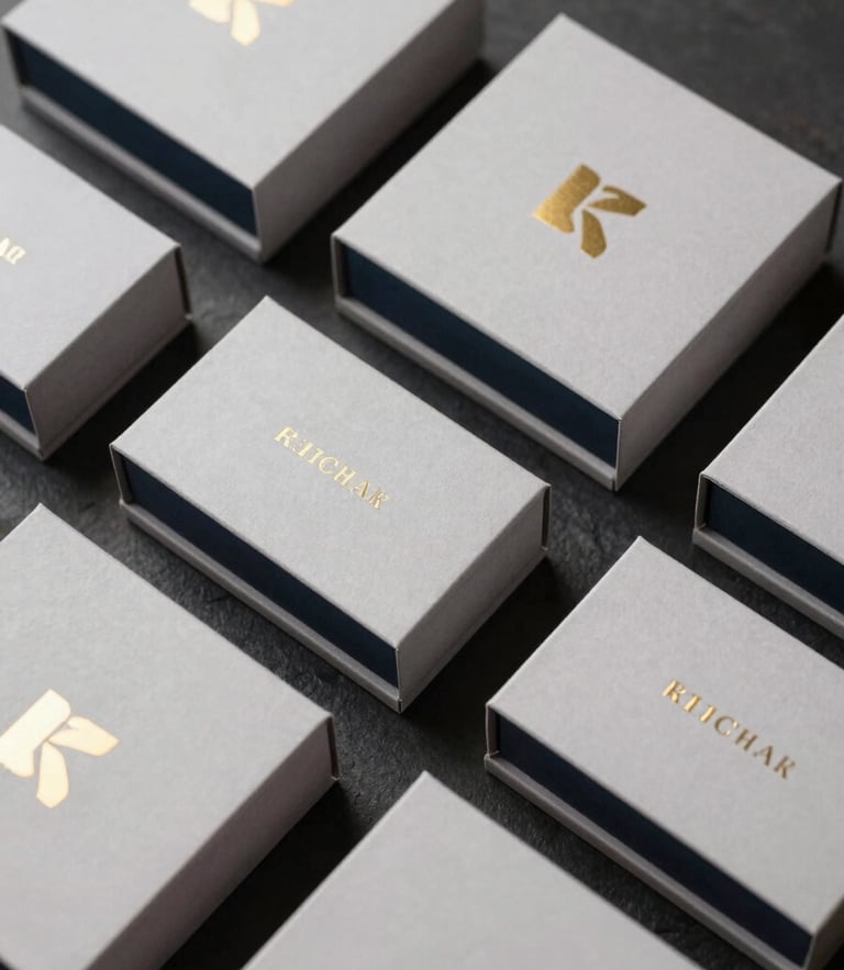 Elegant, structured corporate gift boxes with minimalist gold foil branding, arranged precisely on a dark slate surface