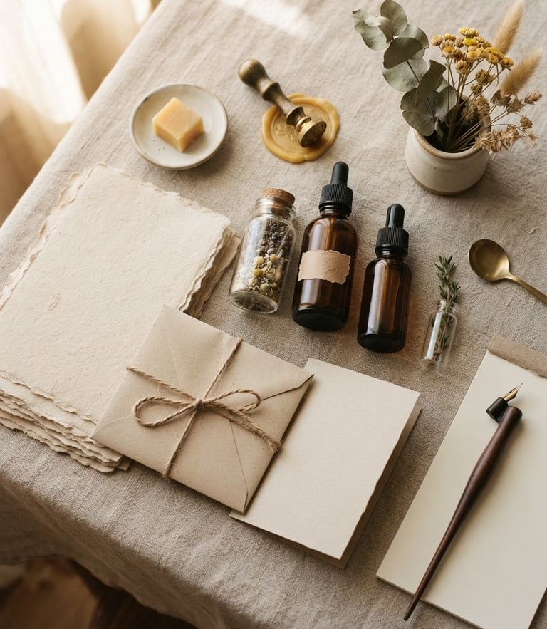 Overhead flat-lay of unbleached paper stationery and amber glass bottles on a soft linen tablecloth, warm morning window light, shallow depth of field