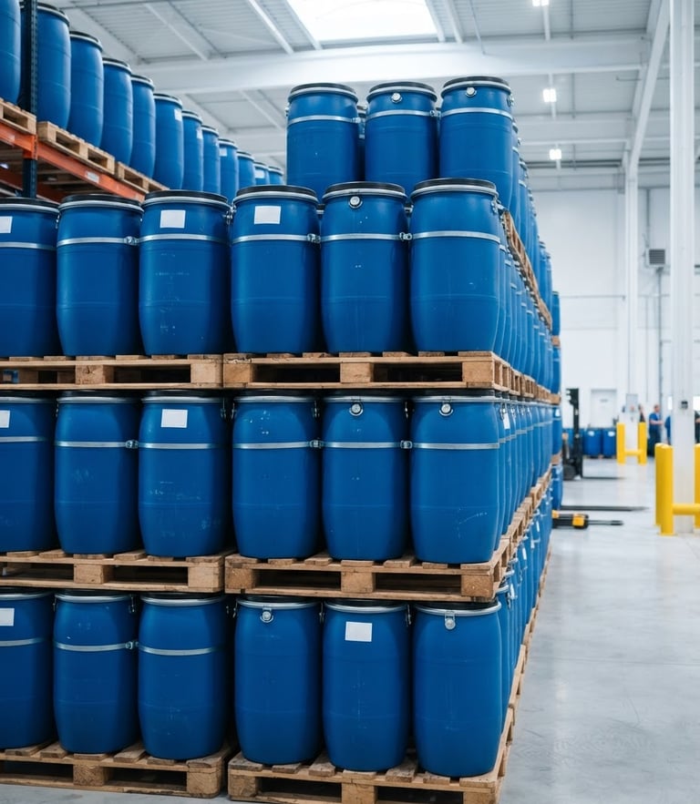 Sealed blue industrial chemical drums stacked in a bright, clean warehouse, sharp focus, technical product photography