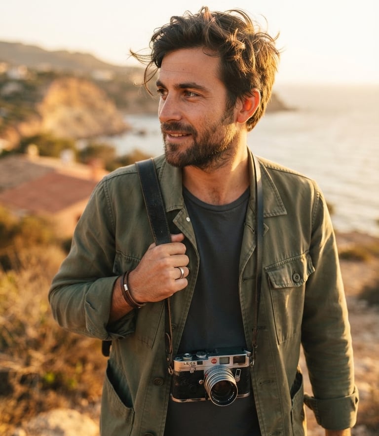 Un primer plano honesto de un fotógrafo con una cámara de película colgada al hombro, luz cálida de atardecer entrando de lado, grano fino, estilo cinematográfico.