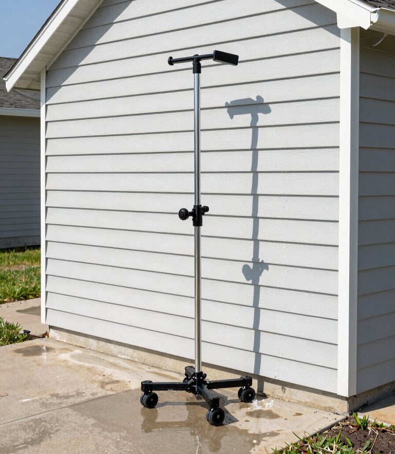 Bright outdoor photography, direct midday sunlight, high-contrast clean surfaces, sharp focus. A professional washing rig parked in a clean suburban driveway, water beading off freshly washed vinyl siding.