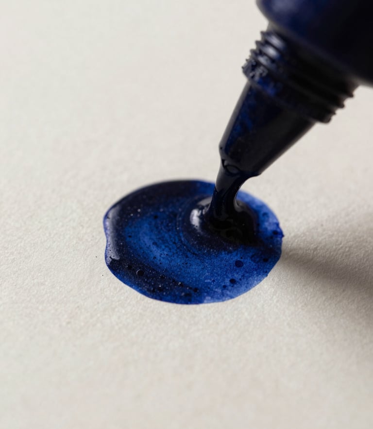 Macro shot of ink on textured paper, high-contrast side-lighting, deep ink-blue and cream tones, sharp macro details, 35mm