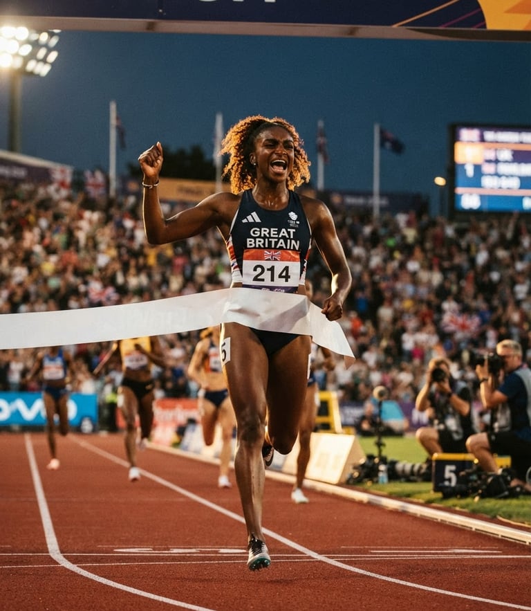 Dramatic sports photography of a winning UK athlete crossing the finish line at golden hour, sharp focus, 35mm, gold rim lighting