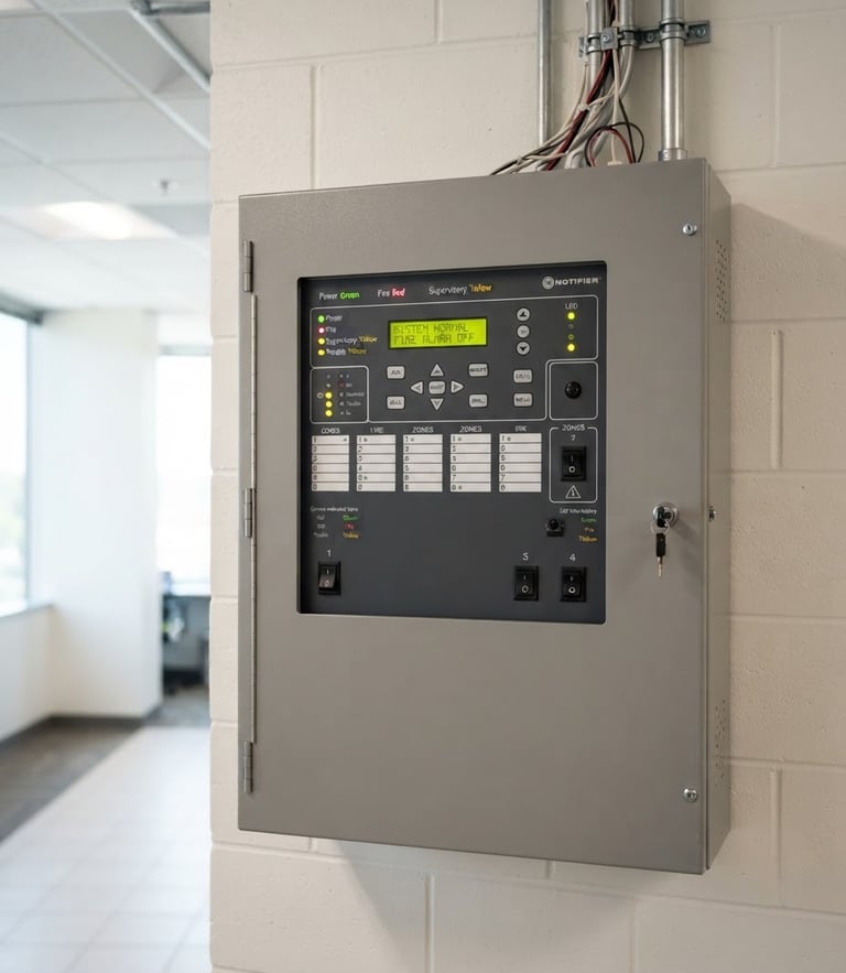 Crisp technical photography of a clean, installed fire alarm control panel inside a bright commercial interior daylight, sharp focus, 50mm lens