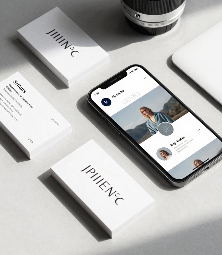 High-angle flat lay of custom printed brand collateral, business cards, and a modern smartphone displaying a matching responsive website interface, bright natural daylight, clean shadows.