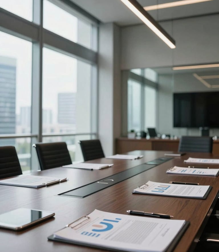 Vertical architectural shot of a structured, modern corporate boardroom in Jakarta, bright natural daylight, cool professional tones, sharp focus on polished table and financial documents.