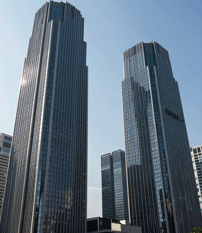 Wide architectural shot of modern Jakarta corporate towers under bright, natural daylight with crisp blue skies and cool professional tones.