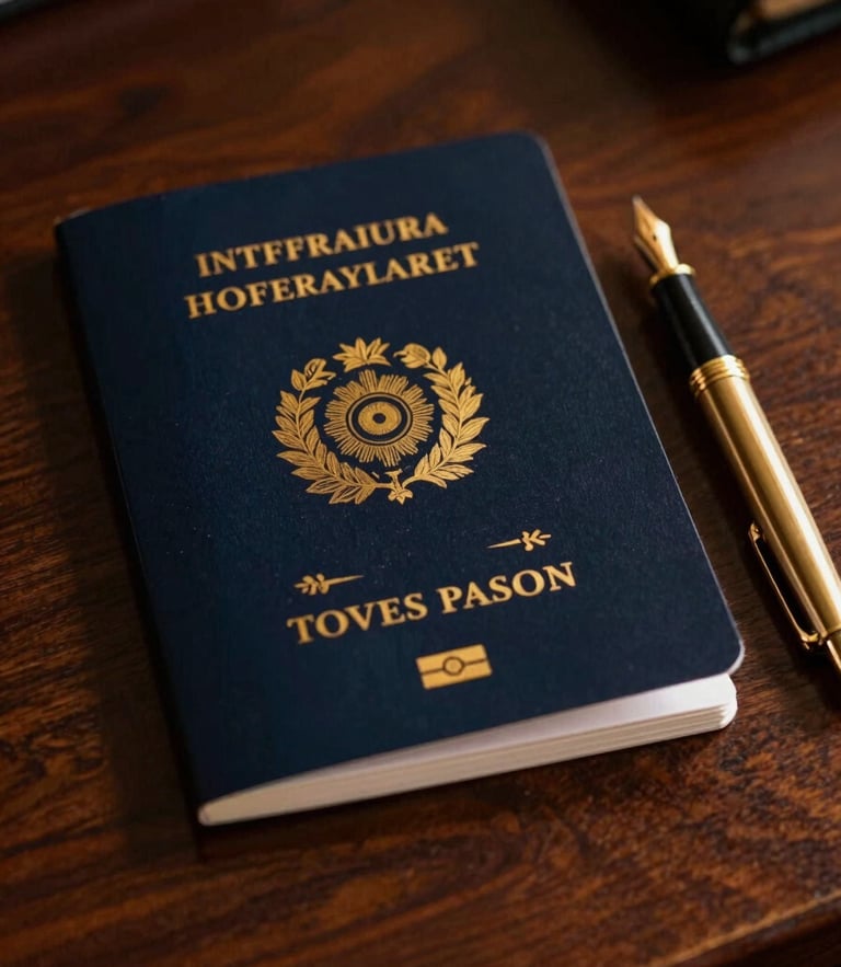 An elegant close-up of travel documents and a gold fountain pen on a dark mahogany desk, warm golden hour light, high contrast, 35mm