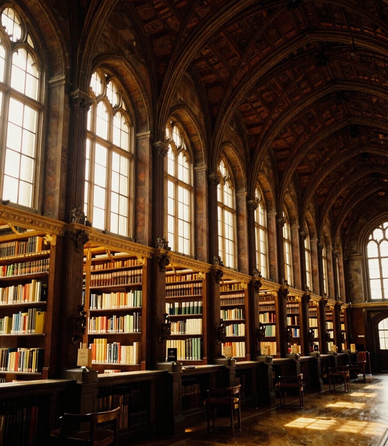 A wide environmental shot of a prestigious gothic university campus library with high vaulted ceilings and warm golden hour light streaming through tall arched windows, 35mm