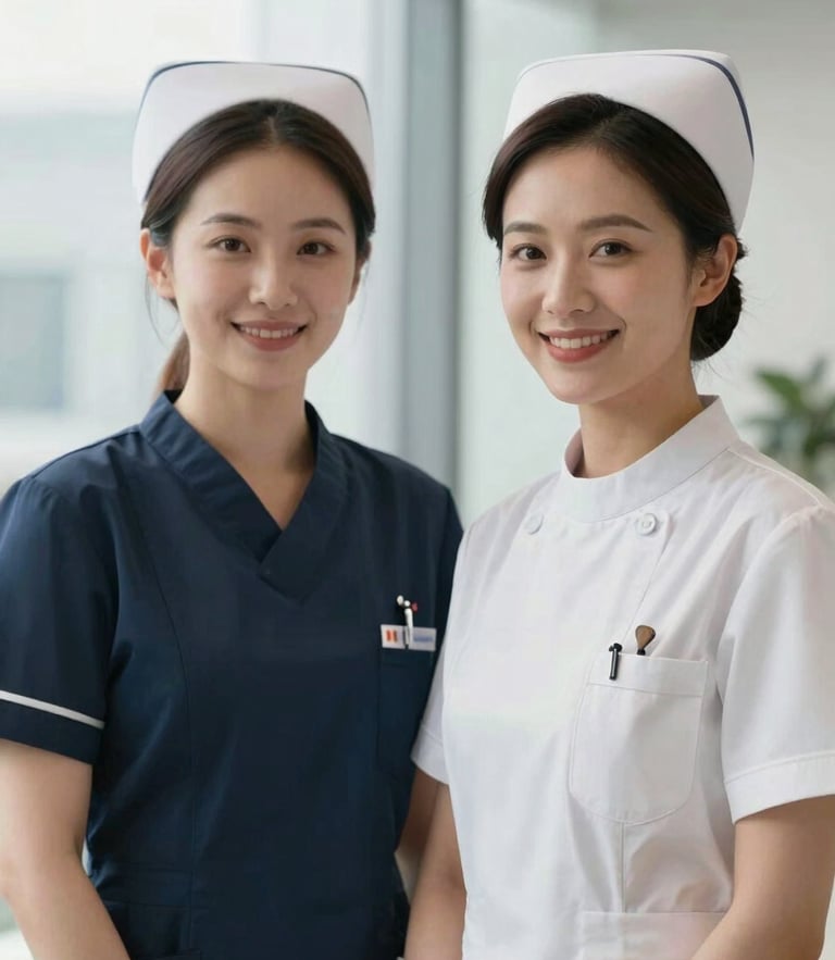 Two professional female nurses in elegant, non-clinical office attire, smiling warmly, soft natural daylight, high-end editorial portrait.