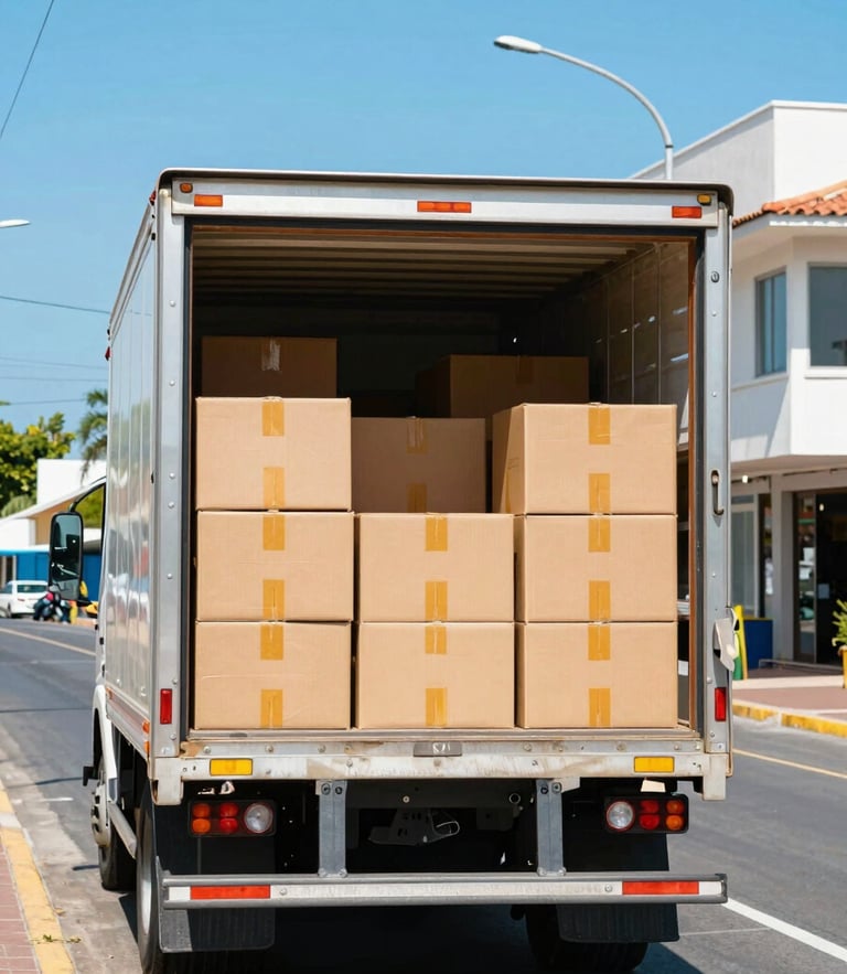 Bright commercial photography, a delivery truck with wholesale boxes being unloaded in a sunny coastal town in Ecuador, vibrant saturated tones, crisp sharp focus.