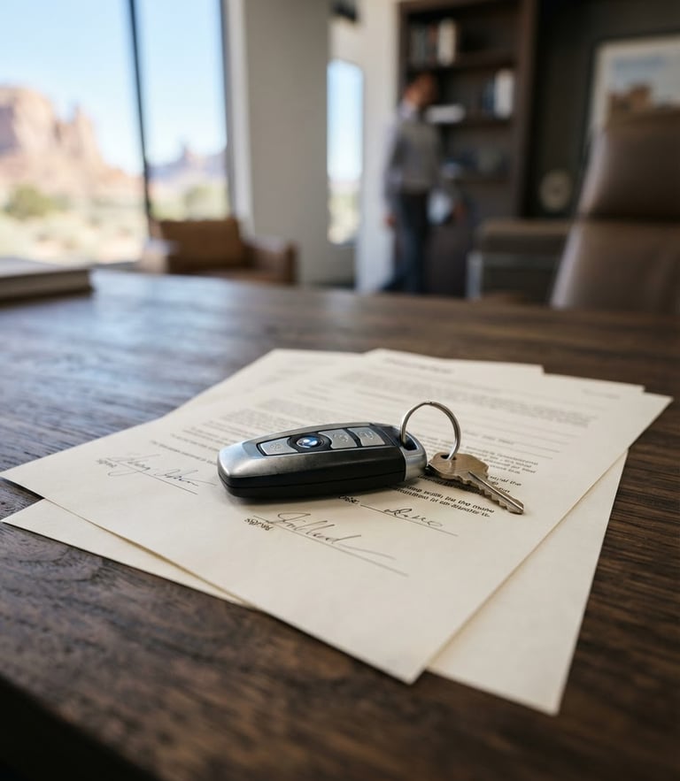 A close-up of car keys resting on signed insurance documents on a dark wooden desk, soft natural light, professional corporate setting.
