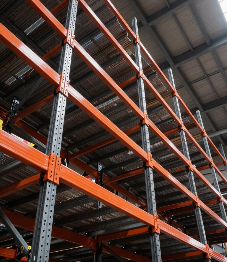 Low-angle perspective of towering structural steel warehouse racking, safety orange beams, heavy-gauge charcoal uprights, high-contrast industrial lighting, massive scale