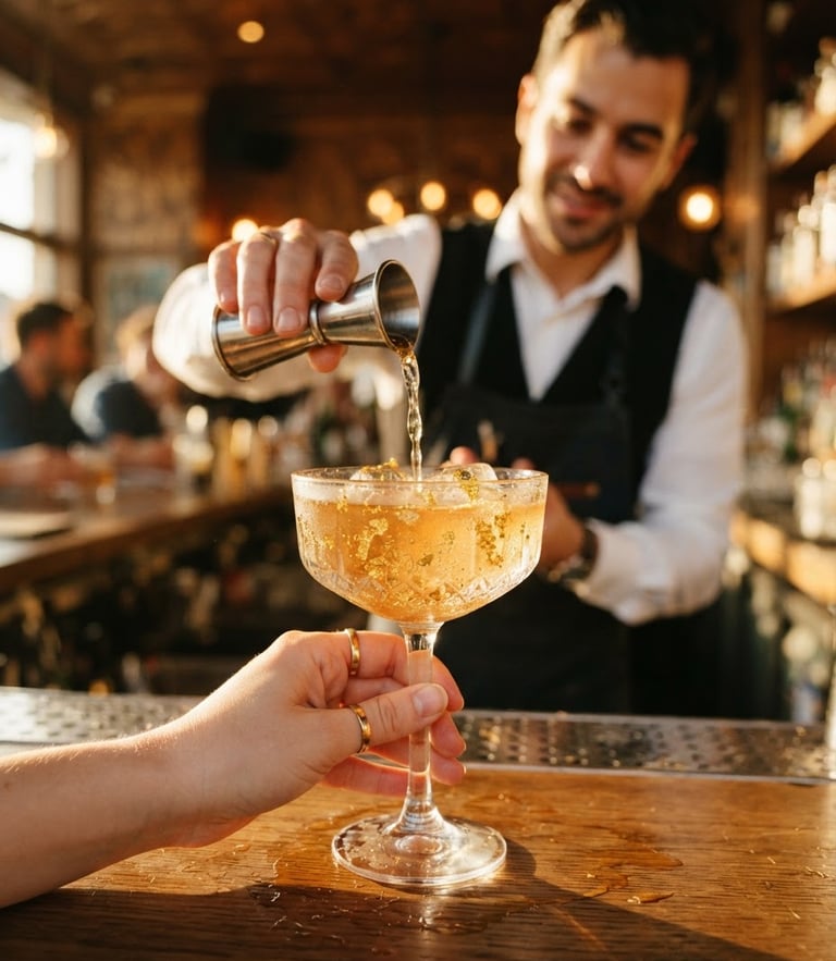 Elegant close-up of a signature gold-flecked cocktail with condensation, a stylish bartender in clean attire pouring in the background, warm golden-hour light, crisp reflections on glassware, shallow depth of field