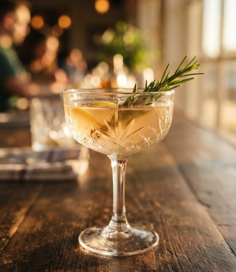 Close up of a crystal coupe glass with a rosemary-infused gin cocktail, warm golden-hour light catching the condensation and a fresh sprig garnish, shallow depth of field, 35mm