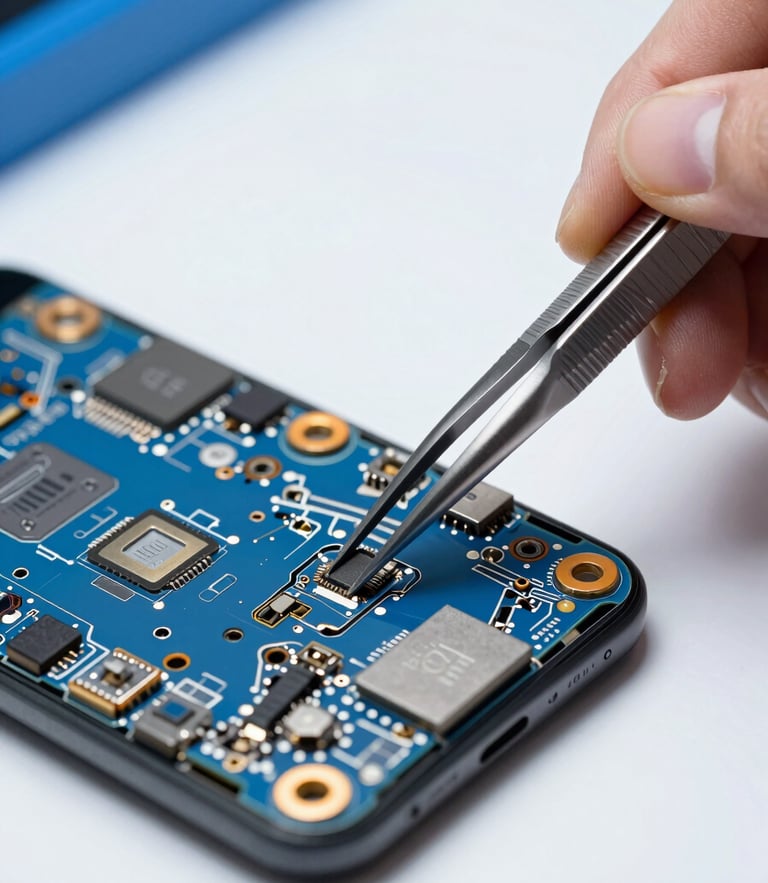 Extreme close-up macro photography of a technician using precision micro-tweezers on an open iPhone motherboard, bright overhead workbench light, high-contrast blue accents, sharp focus, 35mm