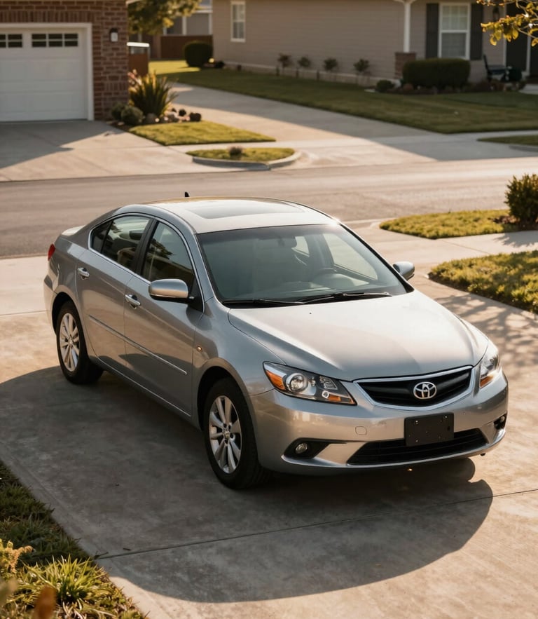 Eye-level medium shot of a modest family sedan parked in a clean suburban driveway, warm late-afternoon sunlight casting long shadows on the concrete.
