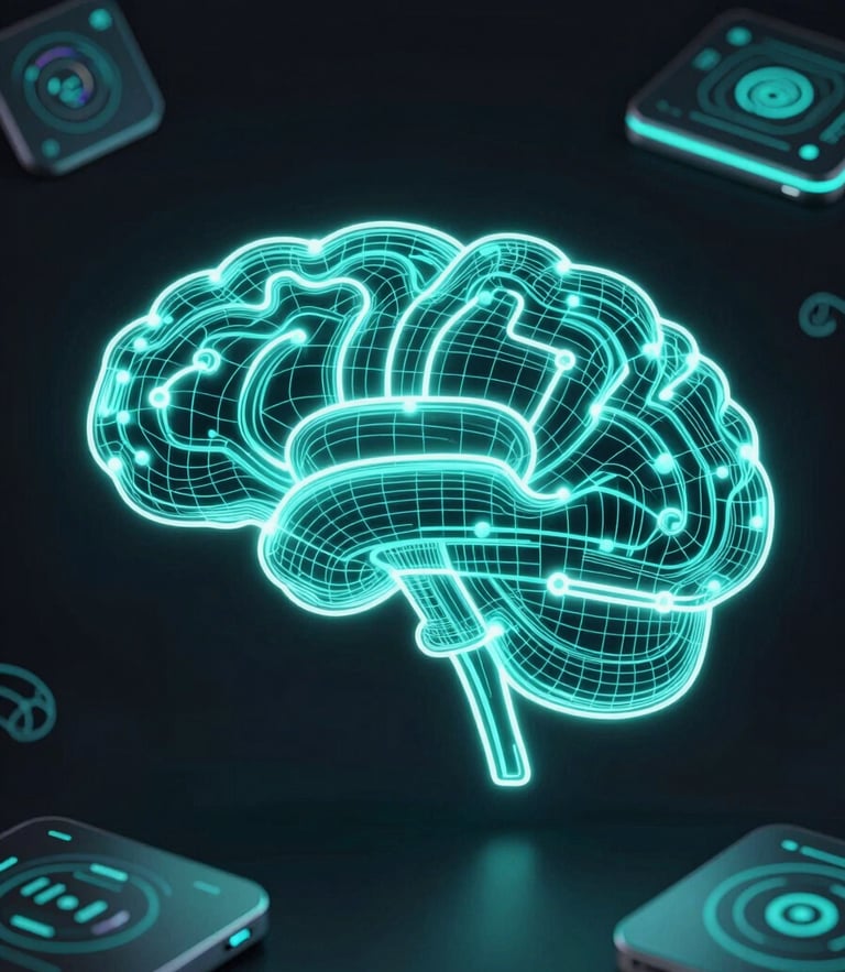 A high-fidelity vector wireframe mapping interconnected cognitive nodes on a dark background, glowing neon cyan lines, clean technical blueprint style.