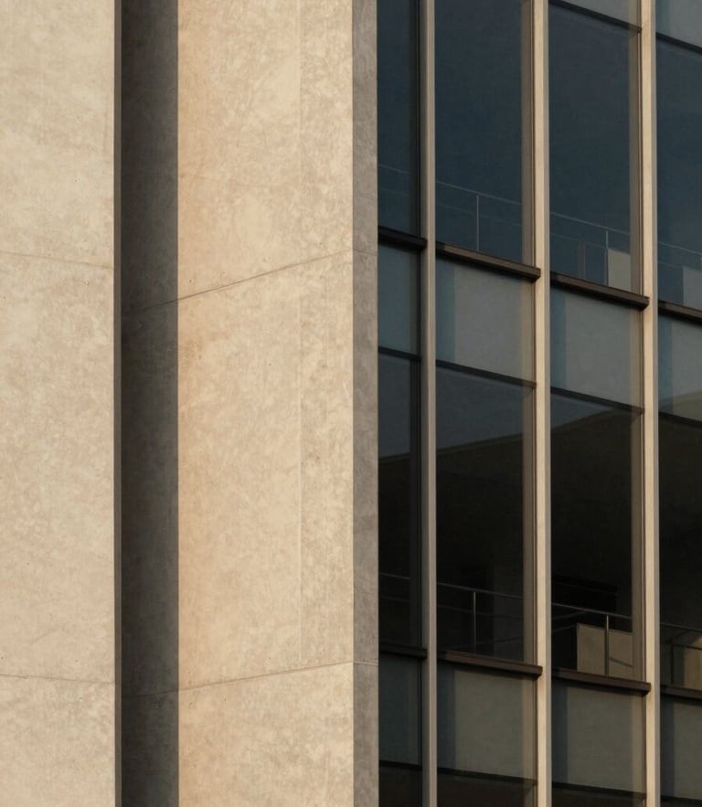 Minimalist architectural detail of concrete and glass facade, sharp straight lines, soft afternoon daylight with gentle shadows, 35mm warm editorial photography