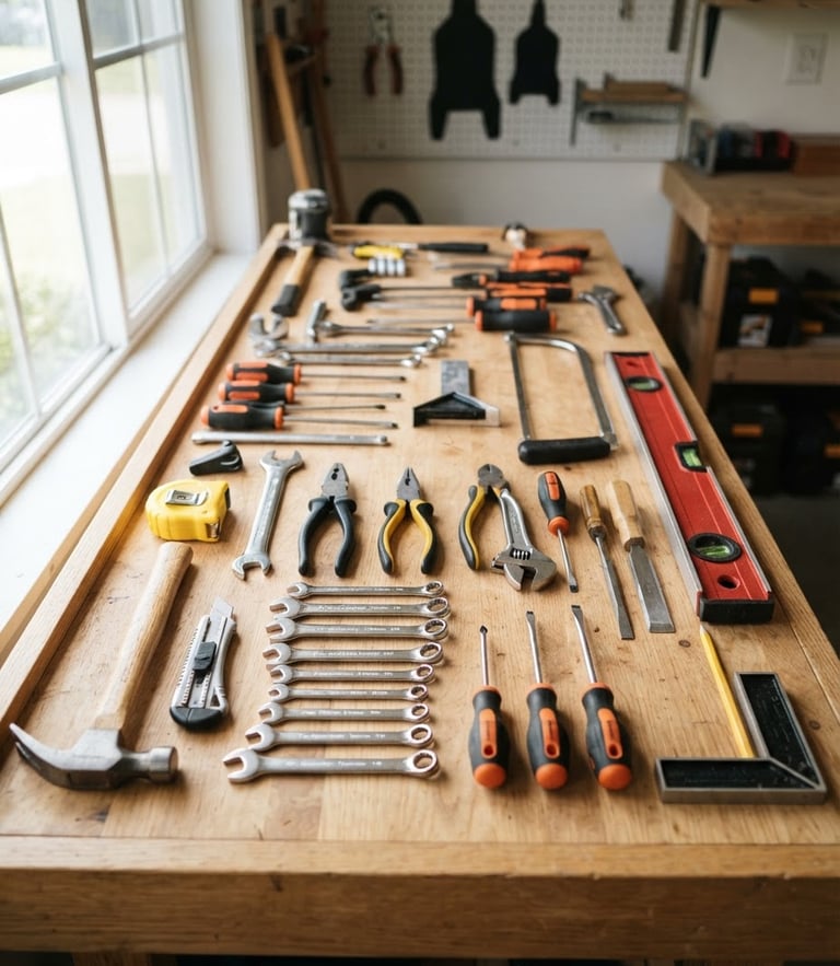 Tidy handyman tools laid out on a clean workbench, sharp professional photography, bright natural daylight, 35mm