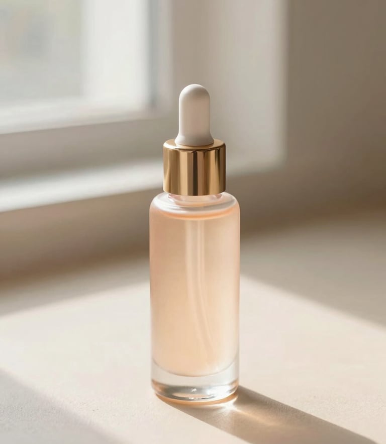 Close-up of an elegant glass serum bottle on a clean nude beige surface, soft morning window light, warm champagne gold highlights