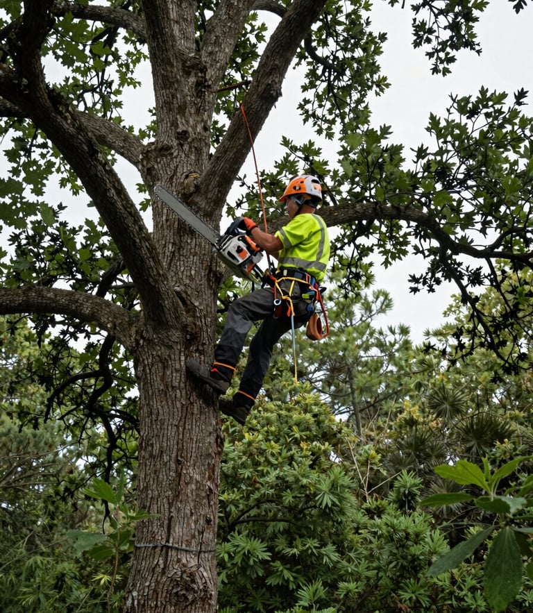 Low-angle shot of a certified arborist in high-visibility safety rigging climbing a mature oak tree under overcast daylight, holding a professional chainsaw, deep forest greens, 35mm