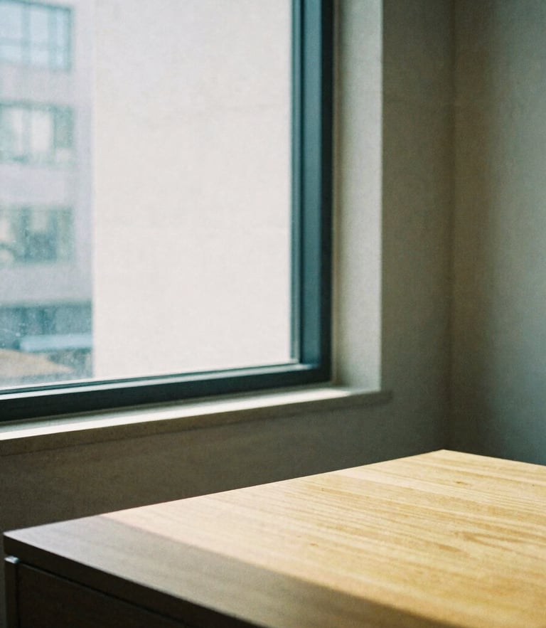 Architectural crop of a modern limestone private office window, soft morning light casting long shadows on a solid oak desk, minimalist, 35mm film.