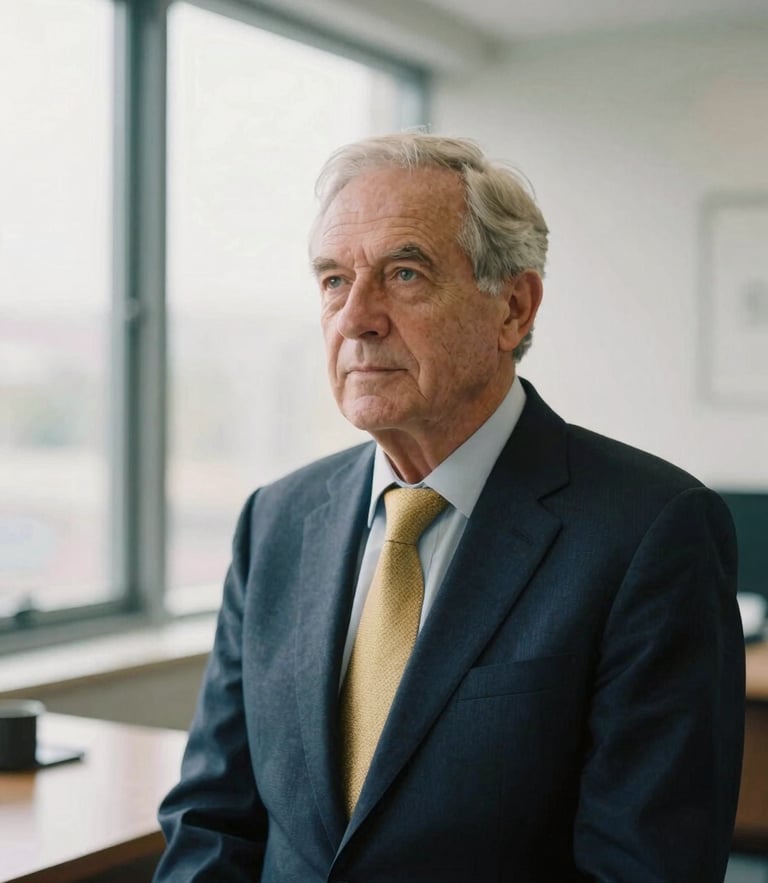 Thoughtful medium-close portrait of a senior financial advisor in a sunlit modern office, soft natural window light, muted navy and gold tones, shallow depth of field, 35mm