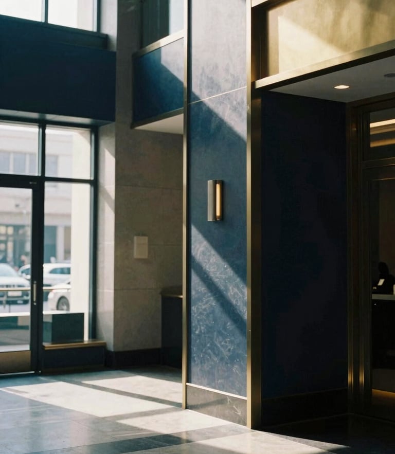 A quiet, sunlit architectural detail of a modern private bank lobby, soft shadows, warm gold accents, editorial film photography, soft natural window light, muted navy and gold tones, shallow depth of field, 35mm.