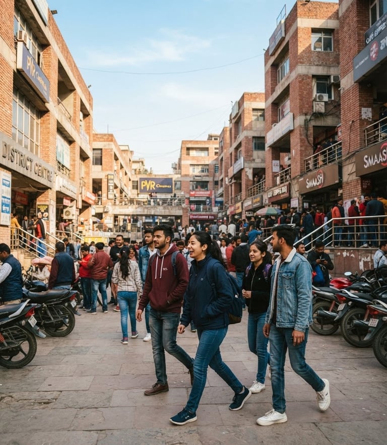 Vibrant street photography of Janakpuri District Centre, modern brick buildings, bright natural daylight, local Delhi students walking, warm tones, 35mm lens.