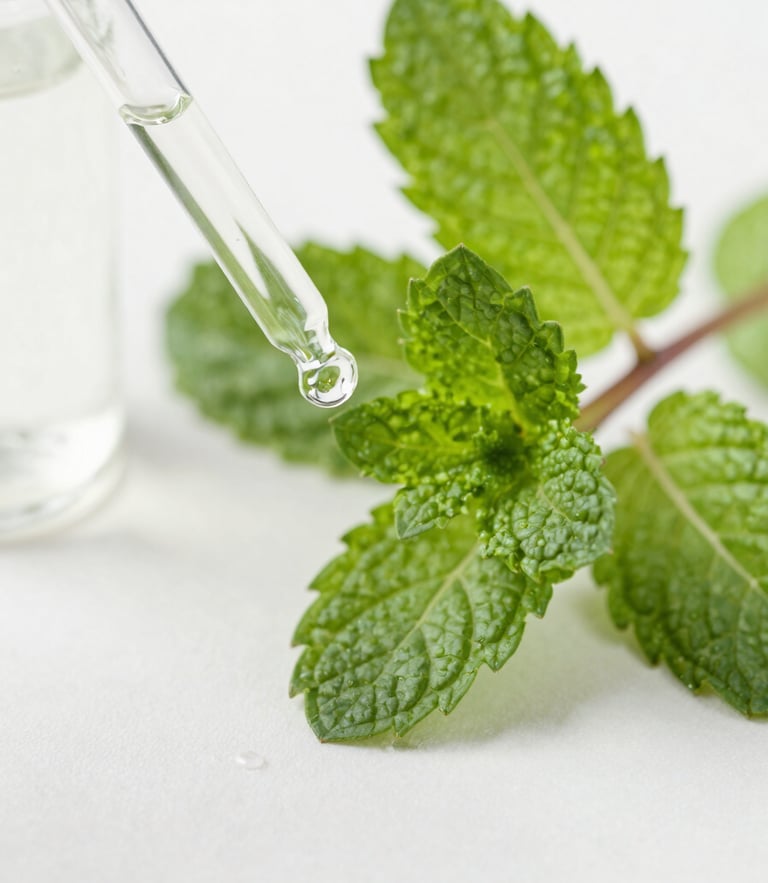 Macro shot of fresh botanical mint leaves and a clean glass dropper bottle, bright diffused natural daylight, shallow depth of field
