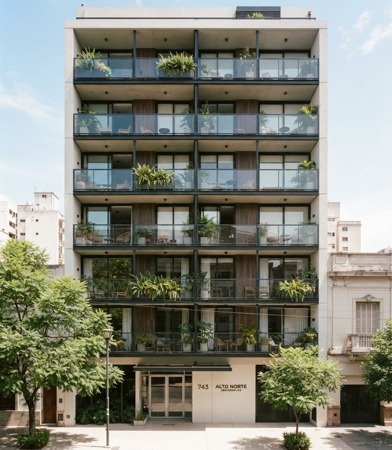 Bright modern residential building facade in Barrio Norte, Tucumán, clean architecture, natural daylight, 35mm