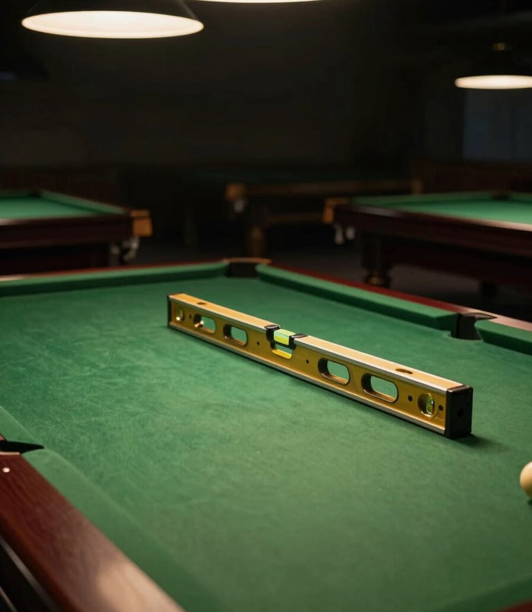 Dramatic portrait shot of a heavy slate billiard table frame being calibrated with a precision spirit level under warm overhead lighting, moody clubhouse atmosphere