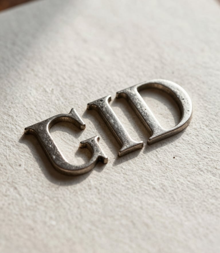 Macro shot of physical metal typeface ligatures resting on heavy textured cotton paper, soft natural side lighting casting delicate shadows