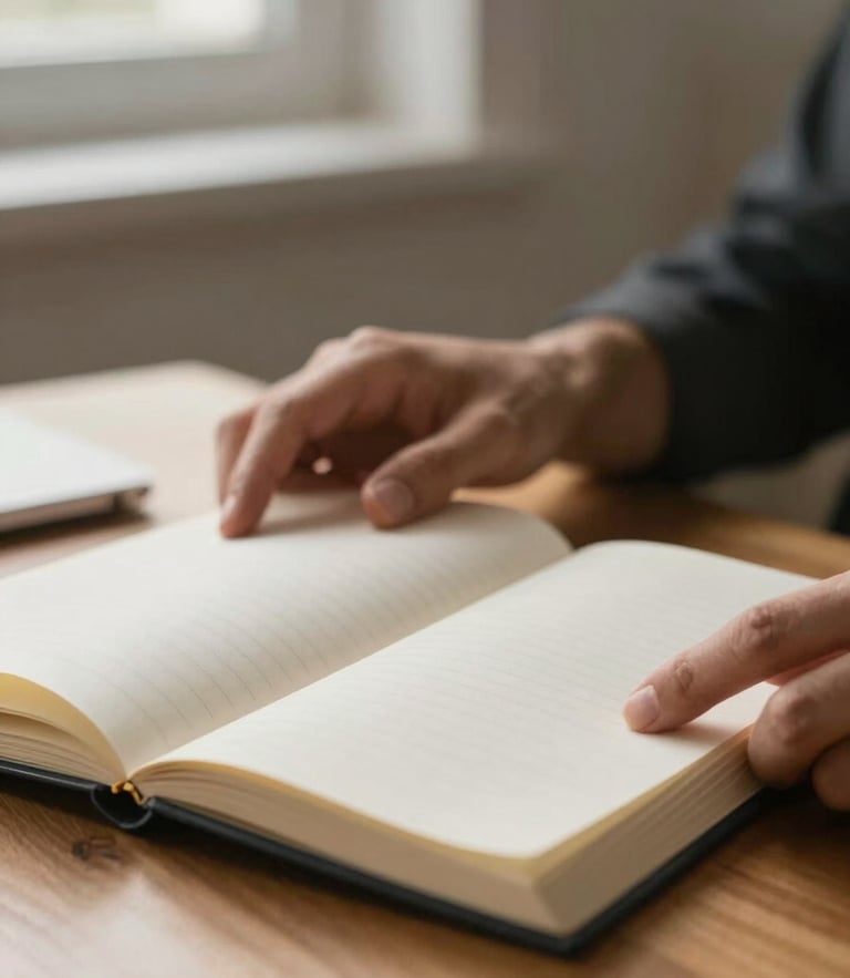 A close-up photograph of hands holding an open paper journal on a wooden desk, soft morning light filtering through a window, shallow depth of field.