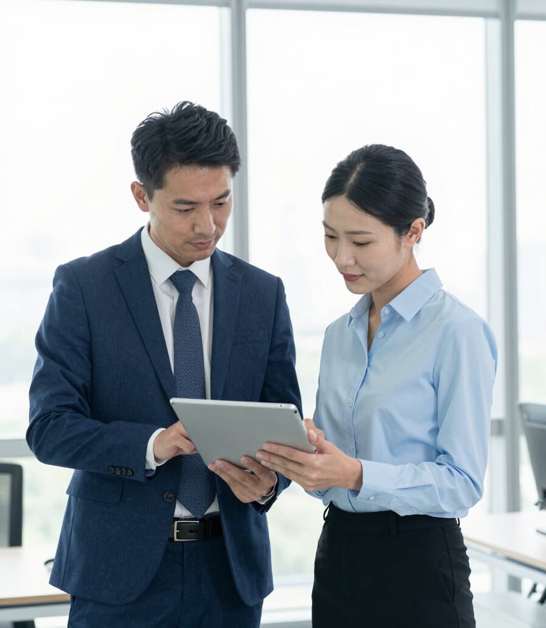 Medium shot of two professionals in a clean corporate office discussing work on a tablet, bright natural window light, professional editorial style