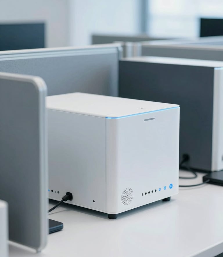 Close-up of modern business hardware on a clean white desk, soft blue ambient light, organized corporate environment