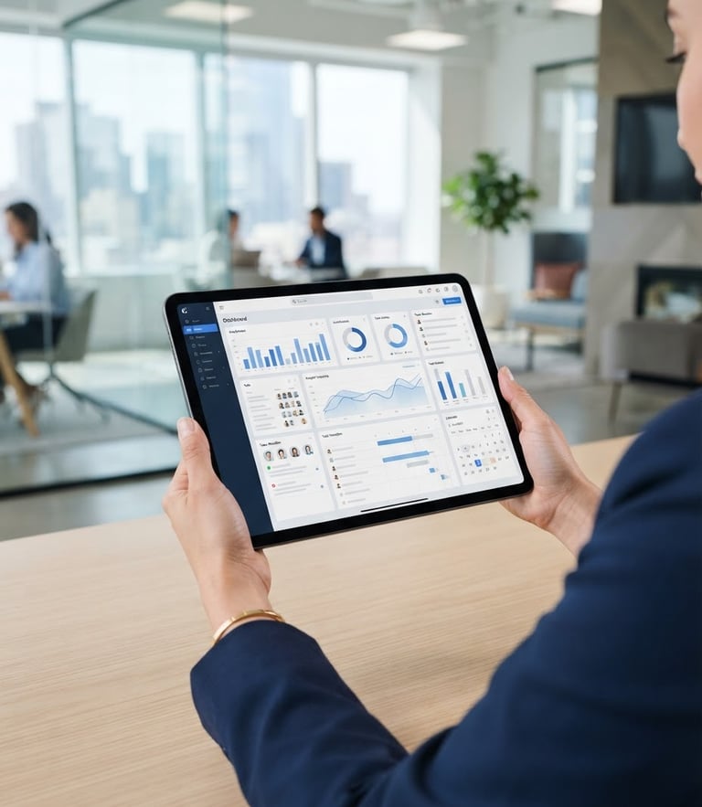 Clean software interface mockup on a tablet, modern bright office background, cool blue tones, professional editorial style